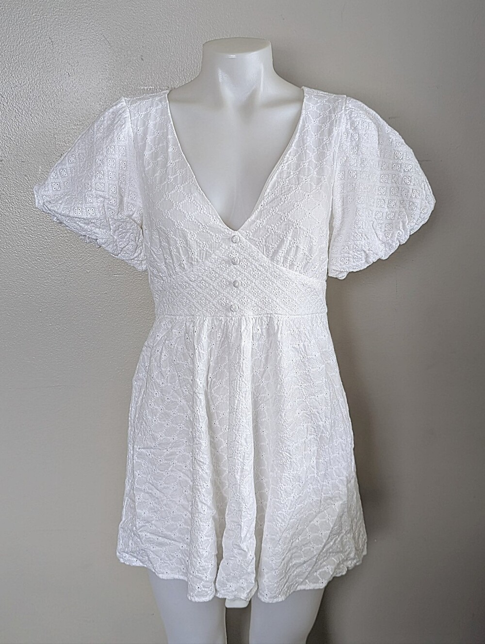 Altar'd State White Eyelet V-Neck Babydoll Dress Puff Sleeve Summer Cottagecore